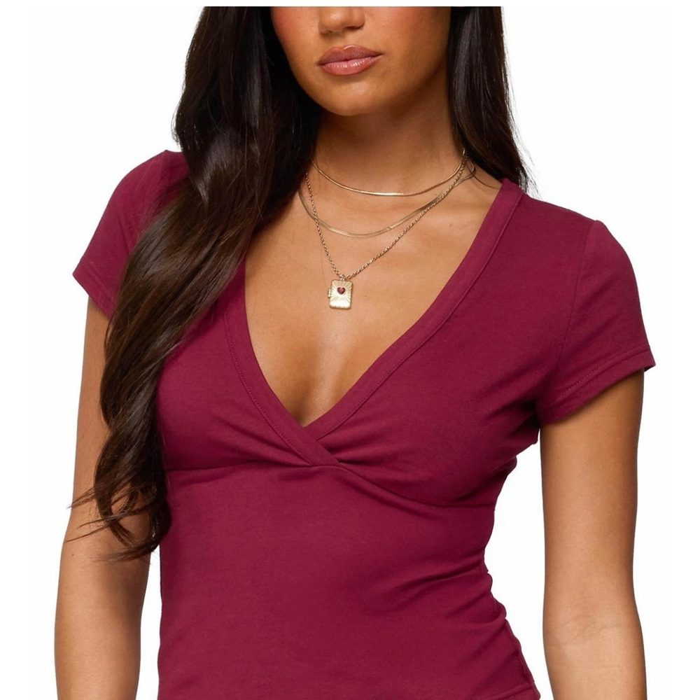 Edikted Wine Wrap V-Neck Short Sleeve Tee